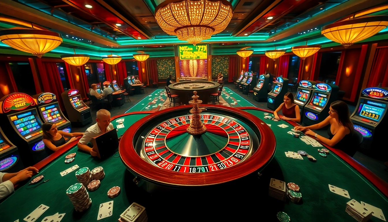 Experience the thrill at NEO79 casino with vibrant tables and spinning roulette.