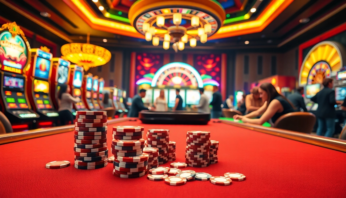 Experience the thrill of 98win with players enjoying poker and slot games in a luxurious casino setting.