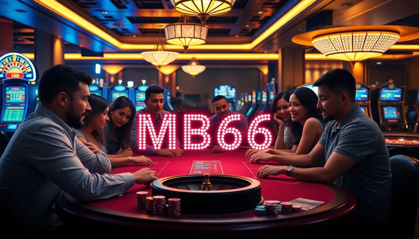 Players enjoying a thrilling poker game at an upscale casino with MB66 branding.