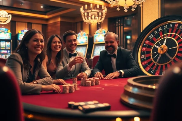 Sensasi kemenangan di 'Datuk Win' dengan para pemain merayakan di meja poker mewah di kasino.