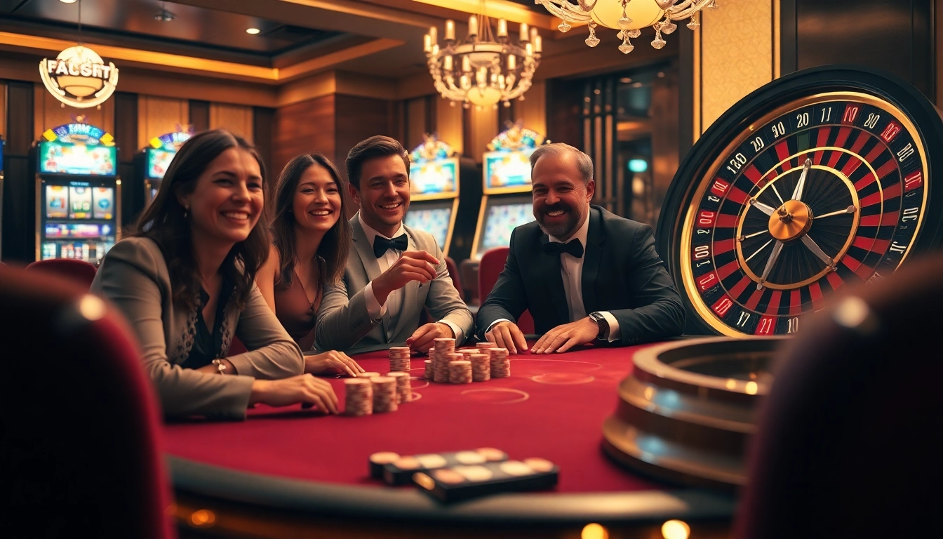 Sensasi kemenangan di 'Datuk Win' dengan para pemain merayakan di meja poker mewah di kasino.