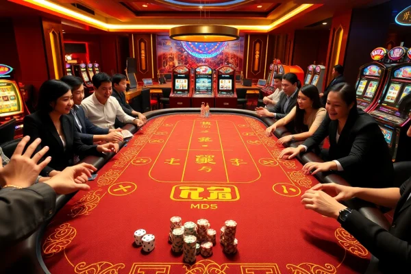 Tài Xỉu MD5 apk scene with players engaging at a vibrant game table in a luxurious casino setting.