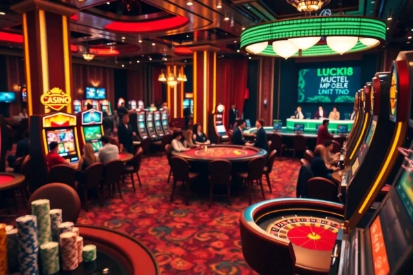 LUCK8 casino players engaging in lively games with colorful chips on illuminated tables.
