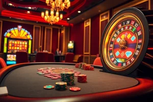 LUCK8 casino scene featuring players at a poker table with vibrant chips and a roulette wheel.