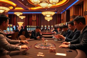 Engaging in a professional gambling environment at Nhà cái uy tín with exciting poker games and elegant casino decor.